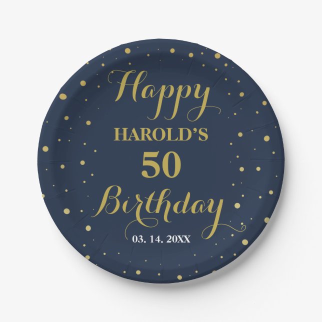 Modern Gold Confetti Navy 50th Surprise Birthday Paper Plates (Front)