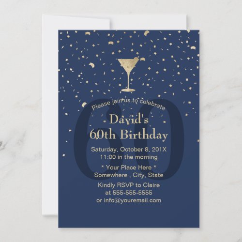 Modern Gold Confetti Navy 60th Birthday Wine Party Invitation
