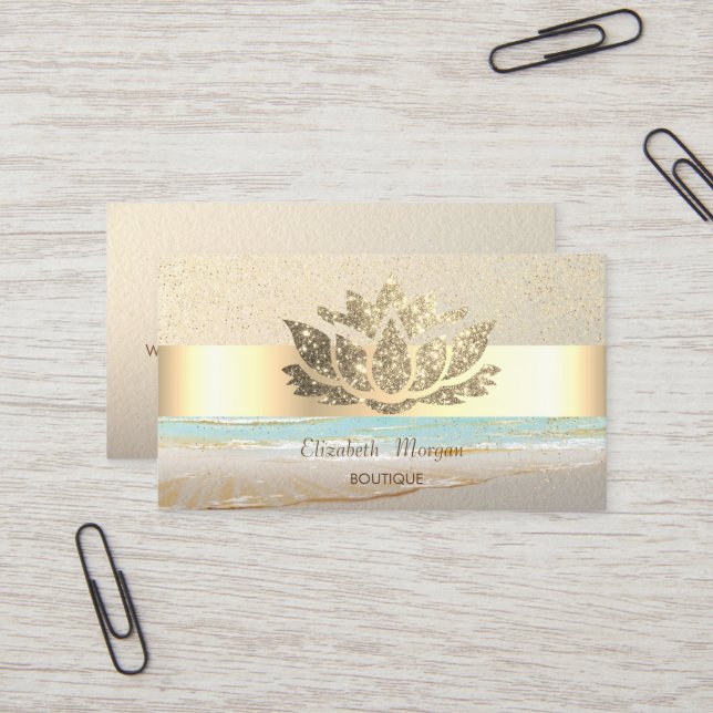 Modern Gold Confetti,Stripe,Blue, Lotus  Business Card (Front/Back In Situ)