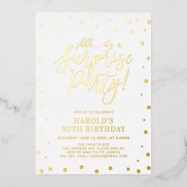 Modern Gold Confetti Surprise Birthday Party Foil Invitation (Front)