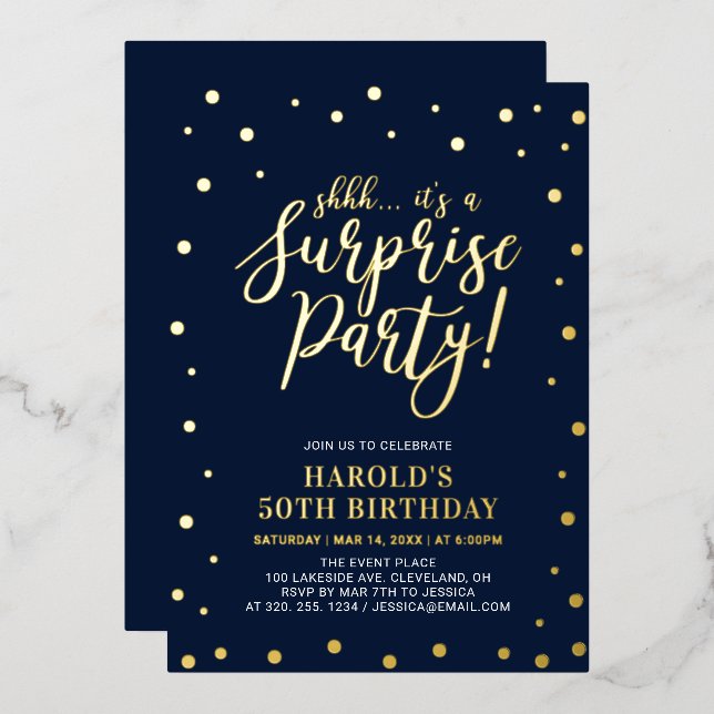Modern Gold Confetti Surprise Birthday Party Foil Invitation (Front/Back)