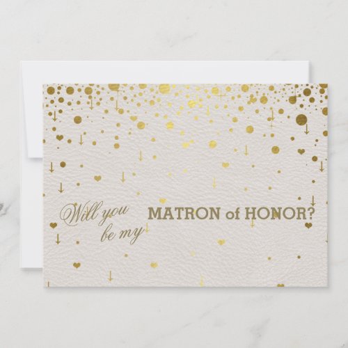 Modern Gold Confetti White Leather Matron of Honor Invitation