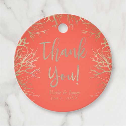 Modern Gold Coral Orange Elegant Beach Wedding Favor Tags