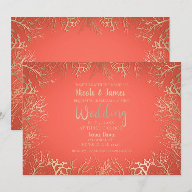 Modern Gold Coral Orange Elegant Beach Wedding Invitation (Front/Back)