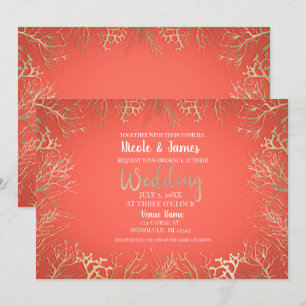 Modern Gold Coral Orange Elegant Beach Wedding Invitation