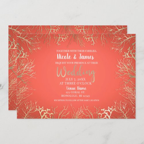 Modern Gold Coral Orange Elegant Beach Wedding  Invitation