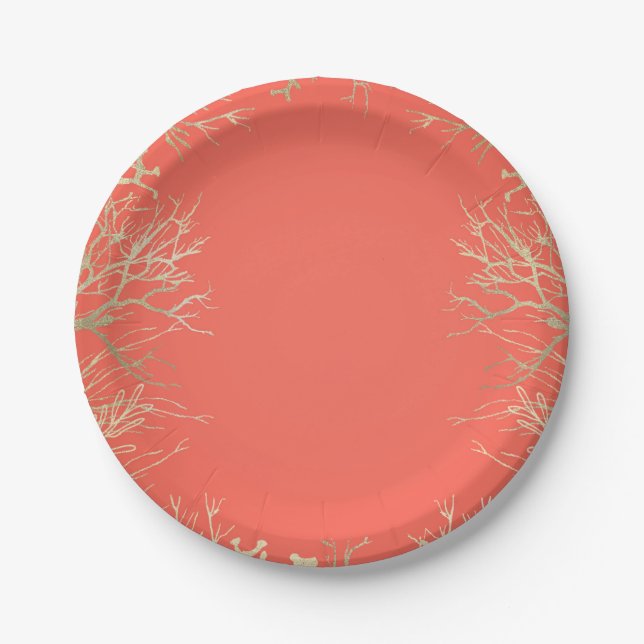 Modern Gold Coral Orange Elegant Beach Wedding Paper Plates (Front)