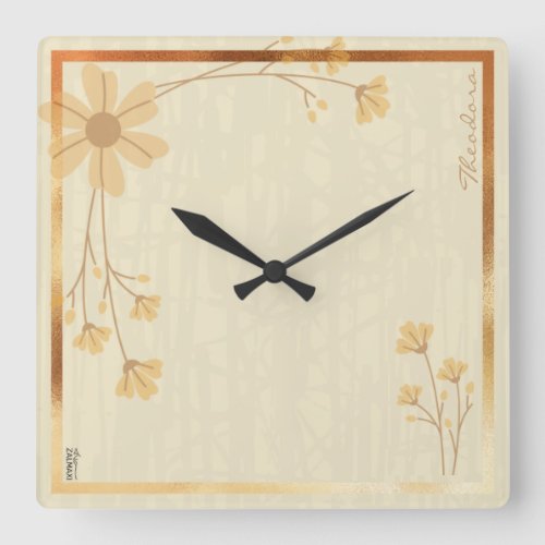 Modern Gold Cream Abstract Floral Pattern Square Wall Clock