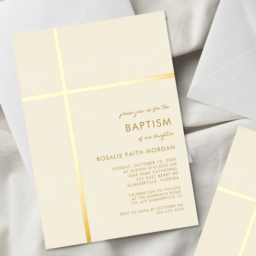 Modern Gold Cross Baptism Christening Invitation