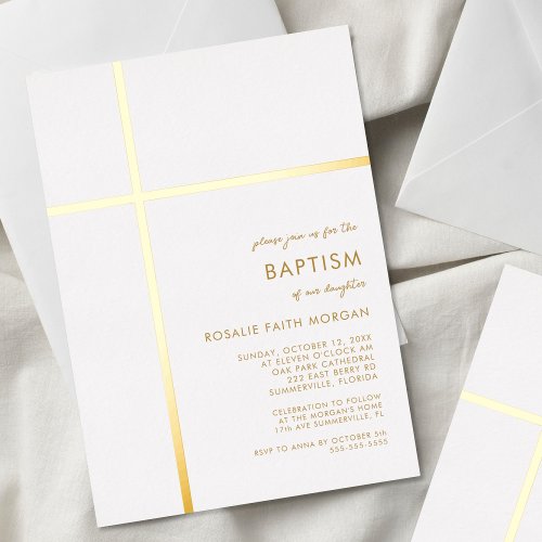 Modern Gold Cross Baptism Christening Invitation