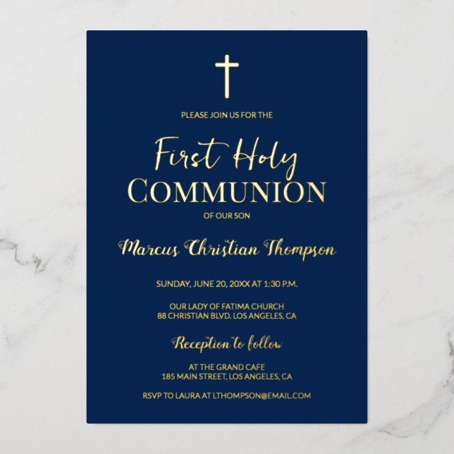 Modern Gold Cross Blue first holy communion Foil Invitation (Front)