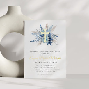 modern gold cross blue floral baptism foil invitation