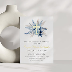 modern gold cross blue floral baptism foil invitation