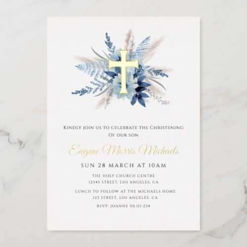 modern gold cross blue floral christening foil invitation