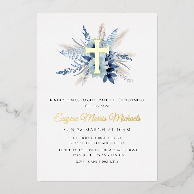 modern gold cross blue floral christening foil invitation (Front)