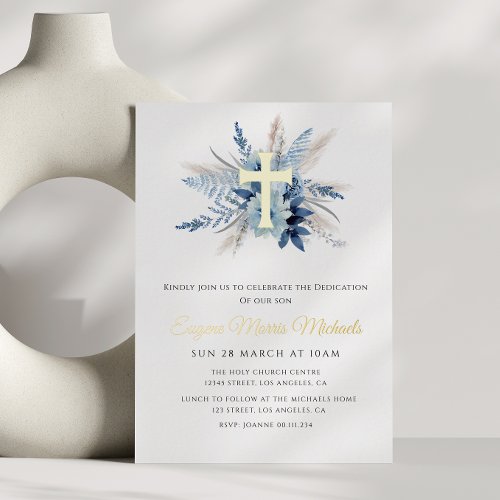 modern gold cross blue floral dedication foil invitation