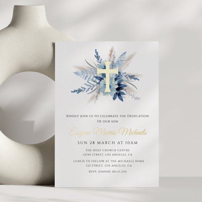 modern gold cross blue floral dedication foil invitation (Creator Uploaded)