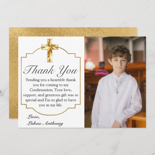 Modern Gold Cross Boys Confirmation Photo  Thank You Card