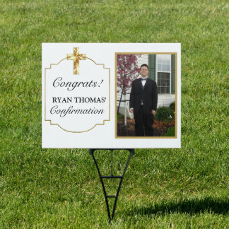 Modern Gold Cross Boys Photo Confirmation Yard Sign