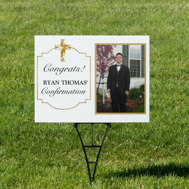 Modern Gold Cross Boys Photo Confirmation Yard Sign (Insitu)