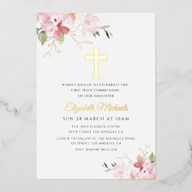 modern gold cross first communion foil invitation (Front)