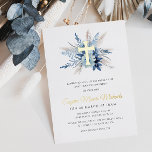 modern gold cross first communion invitation foil  foil invitation<br><div class="desc">A modern gold foil cross blue floral pampas grass design boy first communion invitation card. The colors and text can be personalized.</div>