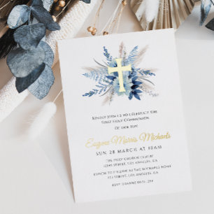 modern gold cross first communion invitation foil  foil invitation