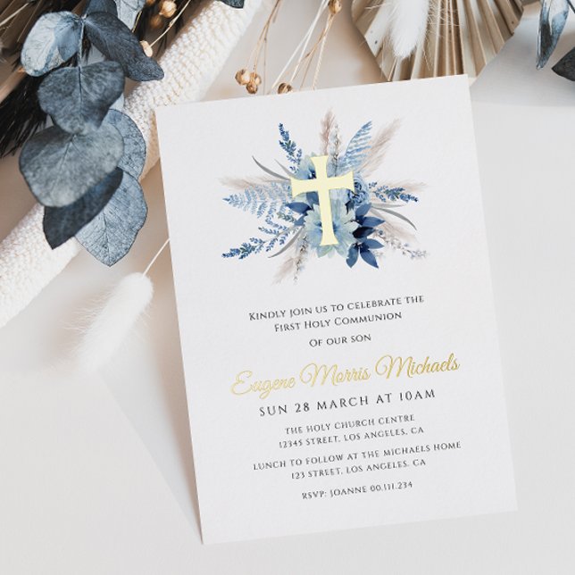 modern gold cross first communion invitation foil  foil invitation (Creator Uploaded)
