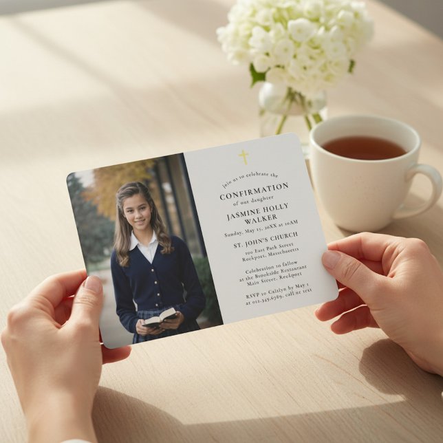 Modern Gold Cross Photo Confirmation Invite (Creator Uploaded)
