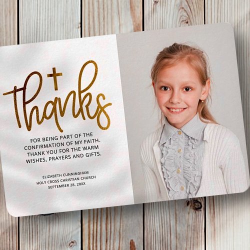 Modern Gold Cross Photo Confirmation Thank You Card