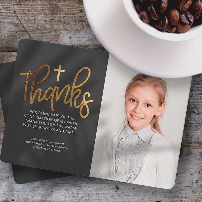 Modern Gold Cross Photo Confirmation Thank You Card (Creator Uploaded)