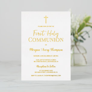 Modern Gold Cross White first holy communion Foil Invitation