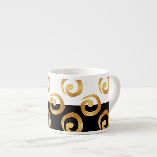 Modern Gold Curls Pattern on Black and White Espresso Cup (Front Right)