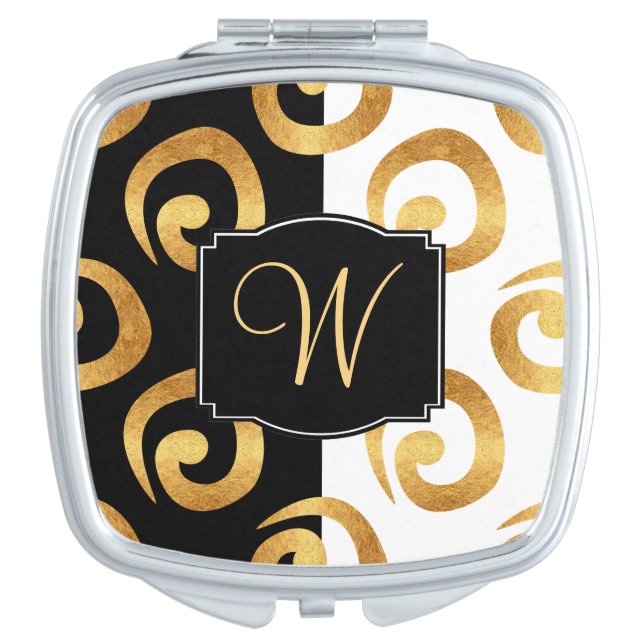 Modern Gold Curls Pattern with Custom Monogram Mirror For Makeup (Front)