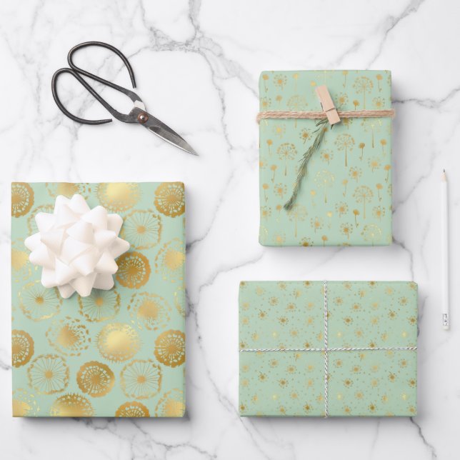 Modern Gold Dandelion Wrapping Paper Sheets (Front)