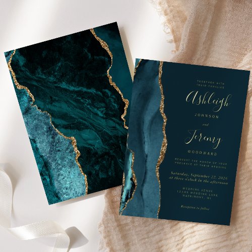 Modern Gold Dark Teal Blue Agate Dark Wedding Foil Invitation