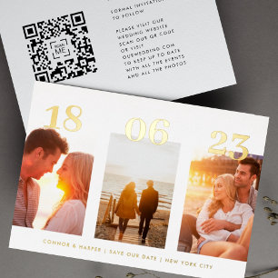 Modern GOLD DATE Three Photo QR CODE Save The Date Foil Invitation