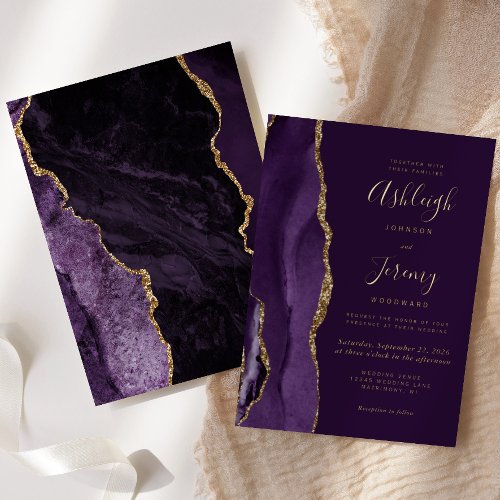 Modern Gold Deep Purple Agate Wedding Foil Invitation