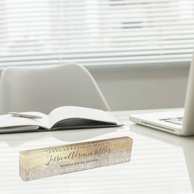 Modern Gold Diamond Glitter Faux Foil Luxury Glam Desk Name Plate (In situ)
