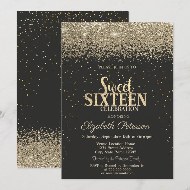 Modern Gold Diamonds Confetti Black Sweet 16 Invitation (Front/Back)