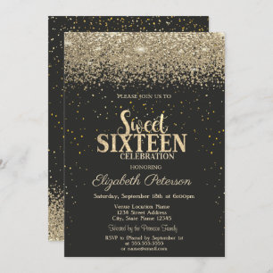 Modern Gold Diamonds Confetti Black Sweet 16 Invitation