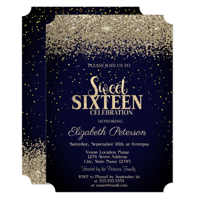 Modern Gold Diamonds Confetti Blue Sweet 16 Invitation