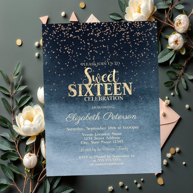 Modern Gold Diamonds Confetti Navy Blue Sweet 16 Invitation (Creator Uploaded)