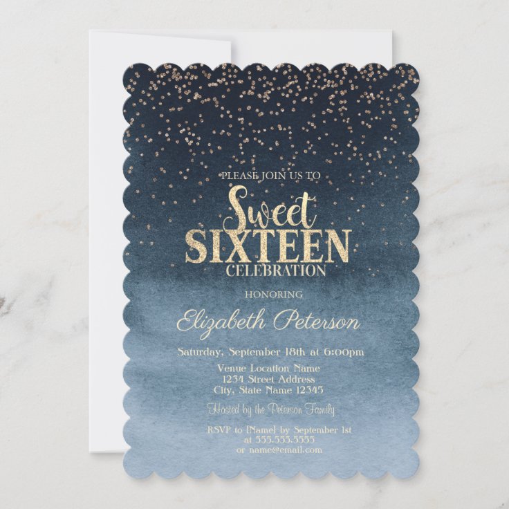 Modern Gold Diamonds Confetti Navy Blue Sweet 16 Invitation Zazzle