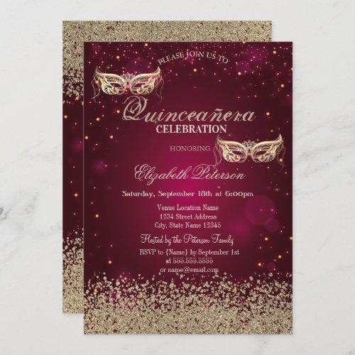 Modern Gold Diamonds Masque Red Quinceaera Invitation