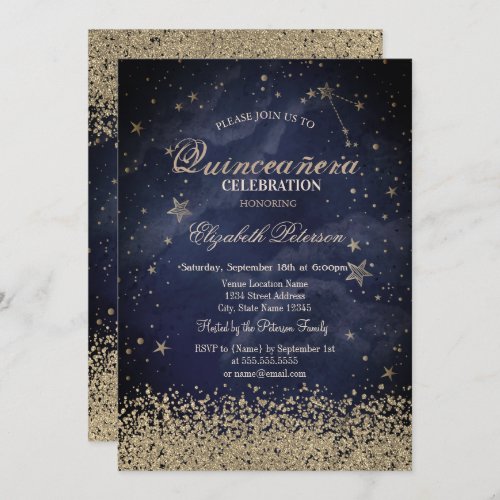 Modern Gold Diamonds Stars Dark Blue Quinceaera Invitation