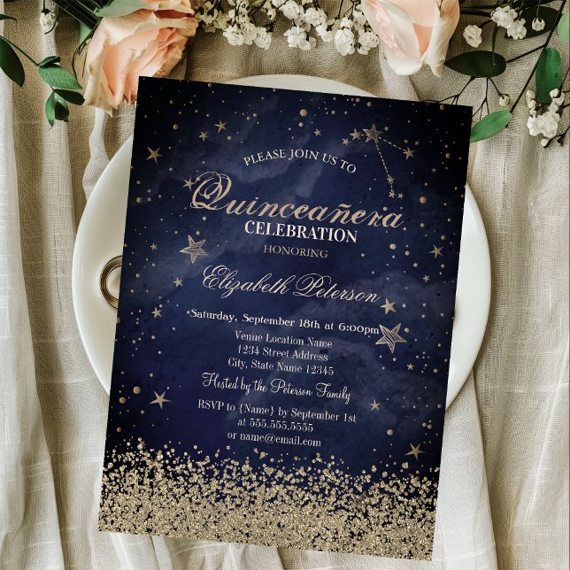 Modern Gold Diamonds Stars Dark Blue Quinceañera Invitation (Creator Uploaded)
