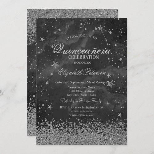 Modern Gold Diamonds Stars Gray Quinceaera  Invitation