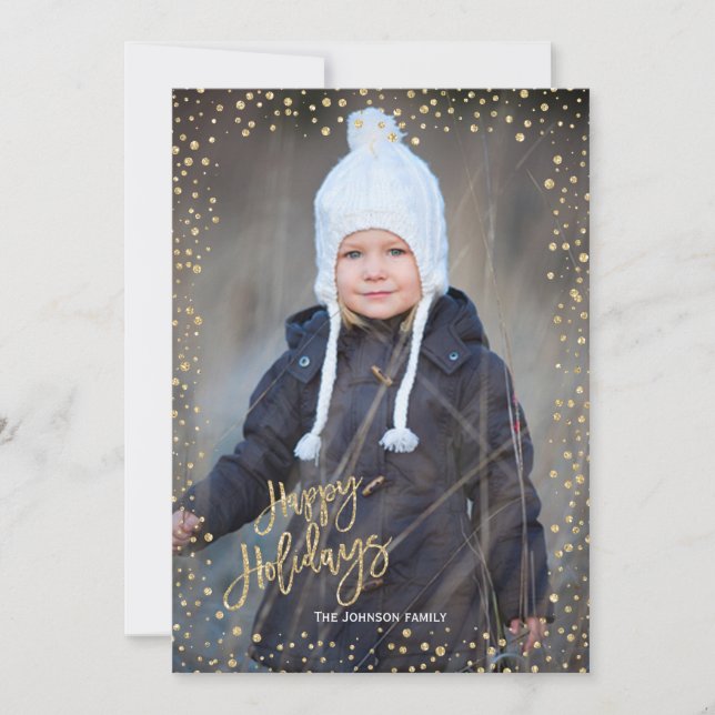 Modern gold dot with gold lettering Happy Holidays Holiday Card (Front)