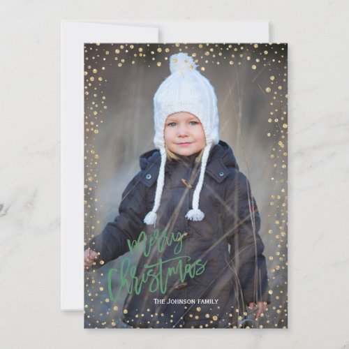 Modern gold dot with green lettering Christmas Holiday Card
